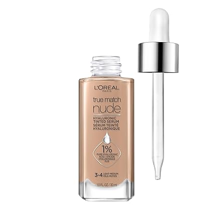L'Oreal Paris True Match Nude Hyaluronic Tinted Serum Foundation, Light-Medium 3-4, Hydrating Vegan Makeup with 1% Hyaluronic Acid, 1 fl. oz.