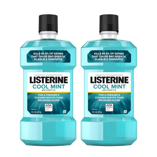 Listerine Cool Mint Mouthwash, 2-Pack – 1L Antiseptic Mouthwash for Bad Breath, Plaque & Gingivitis, Clinically Proven Germ Protection