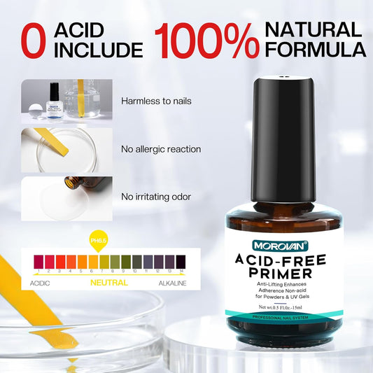 Morovan Professional Nail Prep Dehydrate & Acid-Free Primer Set – Superior Bonding Dehydrator for Acrylic & Gel Nails, Fast Dry, Non-Acid Primer for Long-Lasting Nails, Gift Box Set - Ballimart