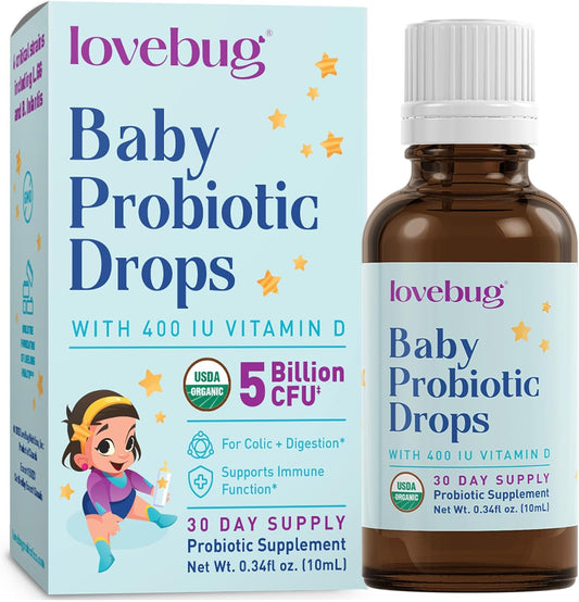 Lovebug USDA Organic Probiotic for Infants & Babies | Colic, Reflux, Diarrhea, Constipation & Gas Relief | Multi-Strain 5 Billion CFU Liquid Drops (0-24 Months)