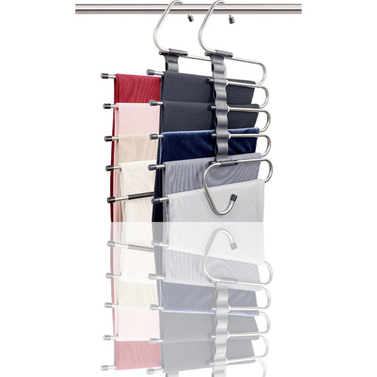 Magic Pants Hangers Space-Saving Organizer – 2-Pack Multi-Layered Closet Racks with 10 Metal Clips for Jeans, Trousers, Scarves & More - Ballimart