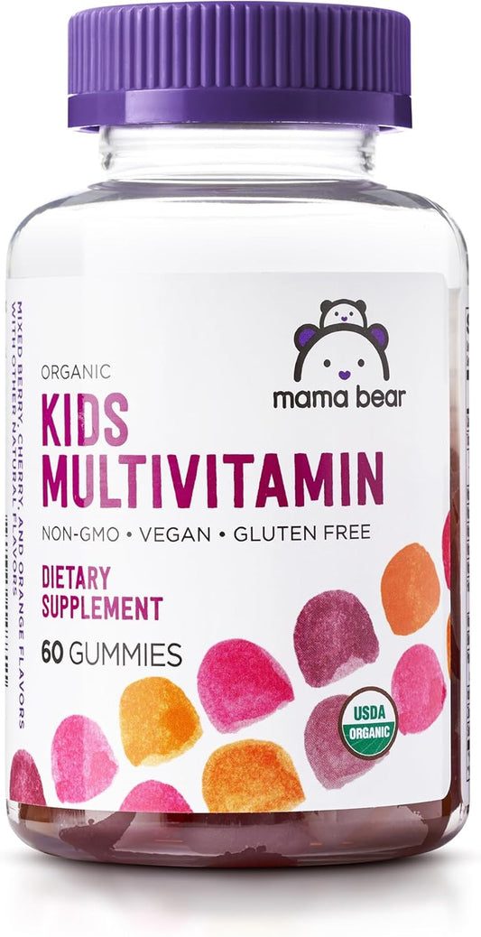 Mama Bear Organic Kids Multivitamin Gummies – 60 Gummies, 1 Month Supply | Berry, Cherry & Orange Flavors