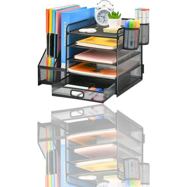 Marbrasse Desk Organizer with File Holder | 5-Tier Letter Tray, Drawer & 2 Pen Holders | Mesh Desktop Organizer for Office Supplies & Magazine Storage (Black)