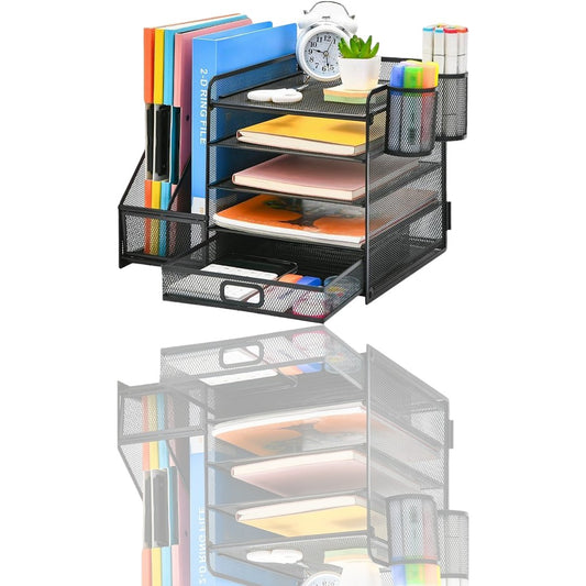 Marbrasse Desk Organizer with File Holder | 5-Tier Letter Tray, Drawer & 2 Pen Holders | Mesh Desktop Organizer for Office Supplies & Magazine Storage (Black)