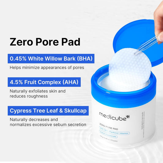 Medicube Zero Pore Pads 2.0 | Dual-Textured Toner Pads with AHA & BHA | Exfoliates, Refines Pores, and Controls Sebum | Korean Skin Care (70 Pads)