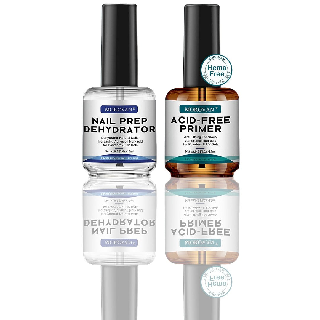 Morovan Professional Nail Prep Dehydrate & Acid-Free Primer Set – Superior Bonding Dehydrator for Acrylic & Gel Nails, Fast Dry, Non-Acid Primer for Long-Lasting Nails, Gift Box Set - Ballimart