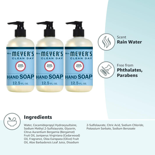 Mrs. Meyer’s Clean Day Hand Soap | Rain Water Scent | Essential Oils & Biodegradable Formula | Paraben-Free | 12.5 fl. oz (Pack of 3)