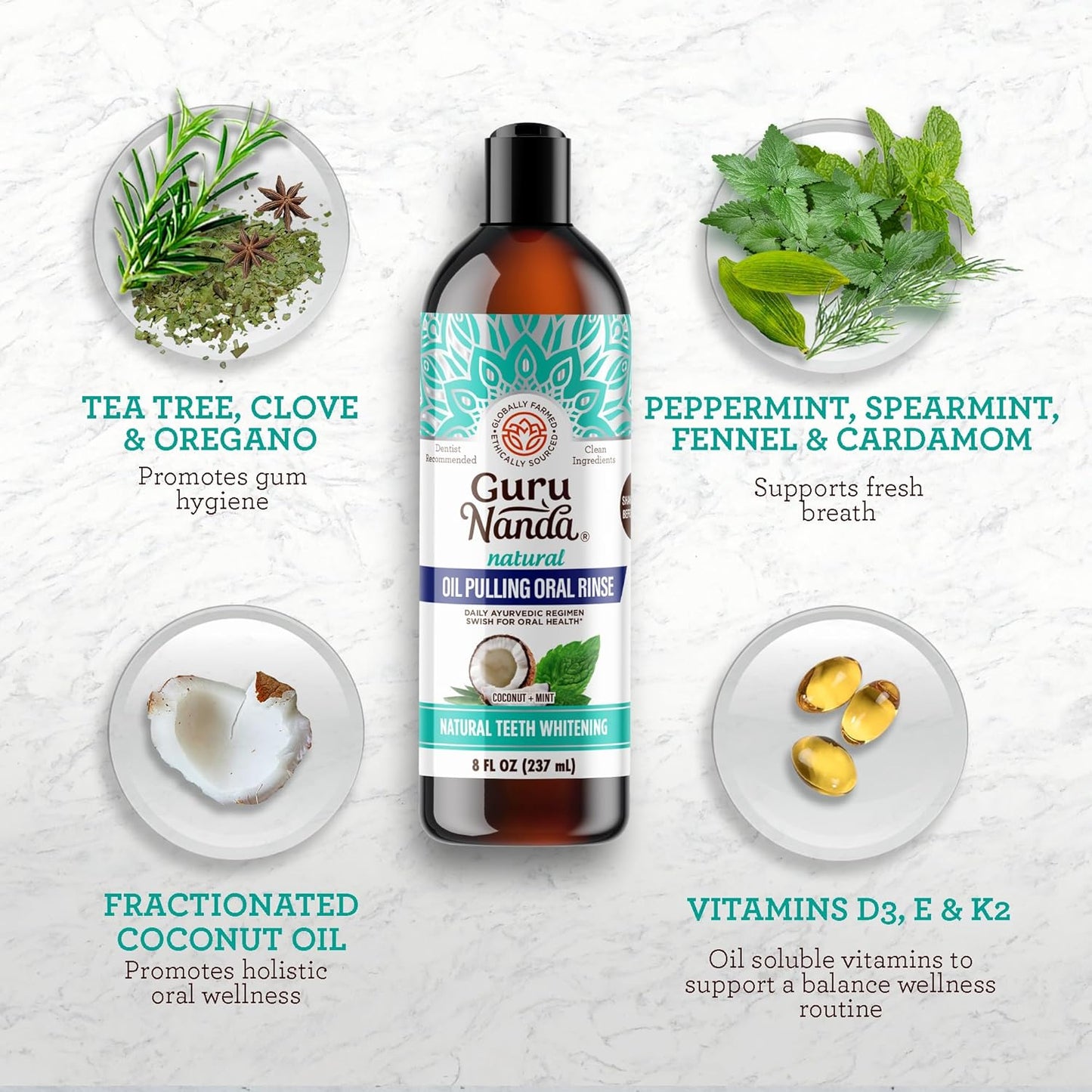 GuruNanda Coconut Oil Pulling Mouthwash with 7 Essential Oils & Vitamins – Alcohol-Free, Fresh Breath & Teeth Whitening, 8 oz