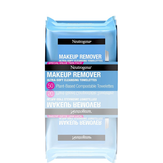 Neutrogena Makeup Remover Wipes, Ultra-Soft Cleansing Facial Towelettes for Waterproof Makeup, Alcohol-Free, Plant-Based, Twin Pack, 25 Count (2-Pack) - Ballimart