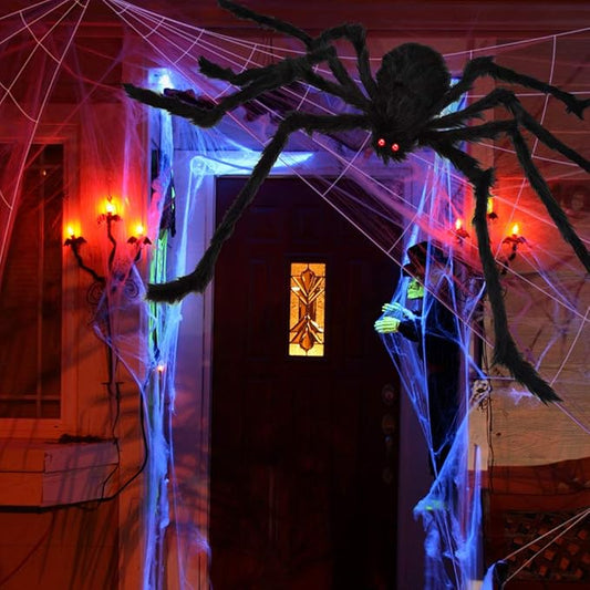 200" Halloween Spider Web with 59" Giant Spider – Triangular Huge Spider Web for Indoor & Outdoor Decorations, Haunted House, Yard, Parties & Costumes