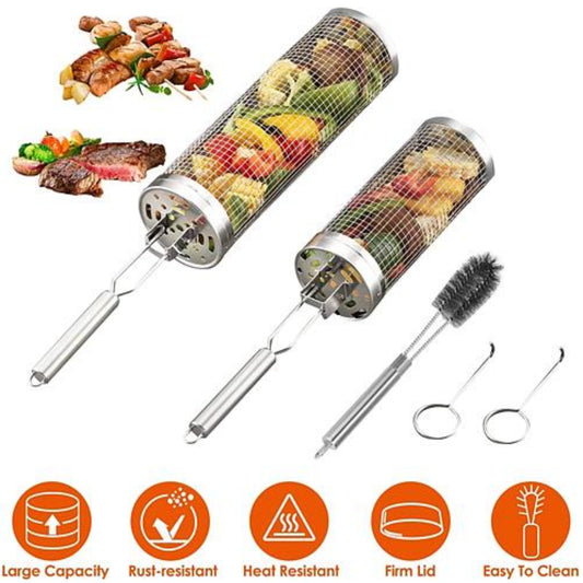 2Pack Rolling Grill Baskets BBQ Net Tubes - Stainless Steel Barbecue Grill Grates - Ballimart