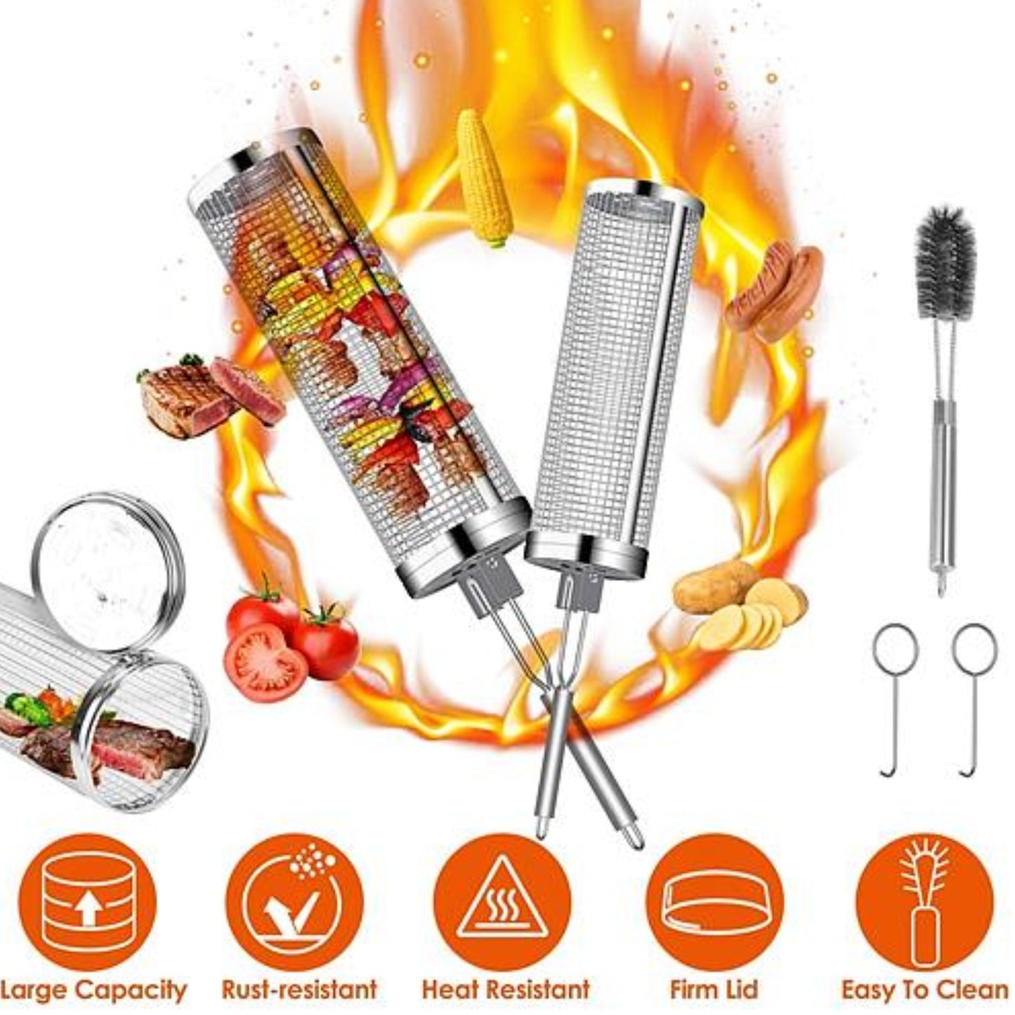 2Pack Rolling Grill Baskets BBQ Net Tubes - Stainless Steel Barbecue Grill Grates - Ballimart