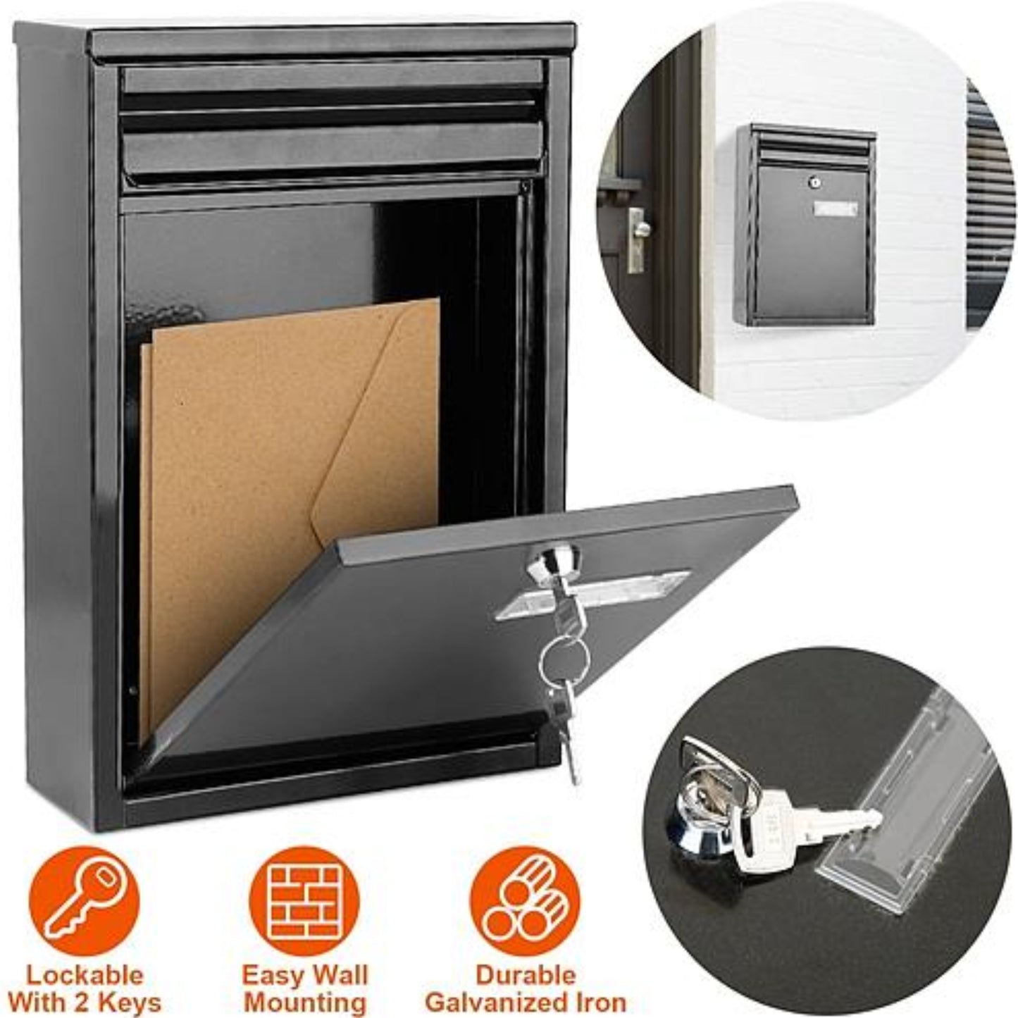 Wall Mount Mailbox - Lockable Galvanized Iron Letter Post Box - Ballimart