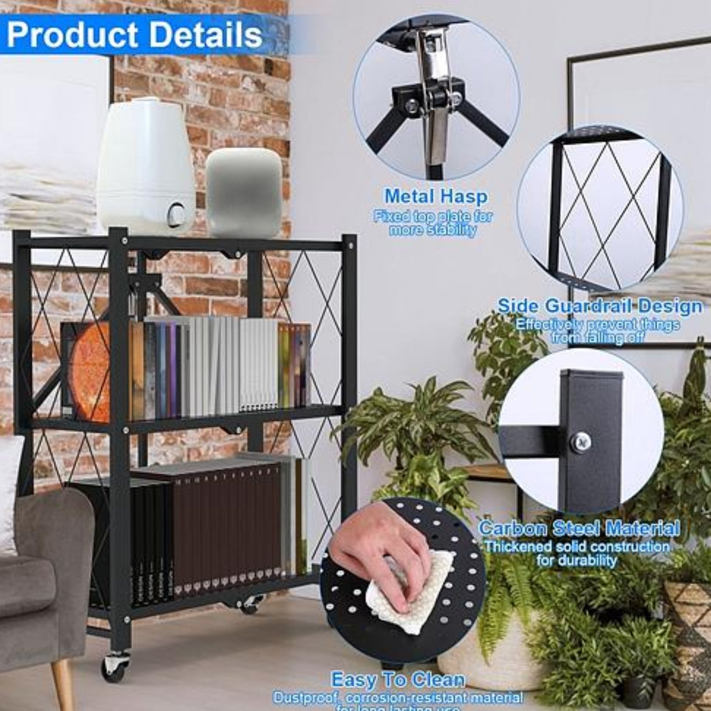 3-Tier Foldable Storage Shelf With Lockable Wheels - No Assembly Rolling Utility Shelf - Ballimart