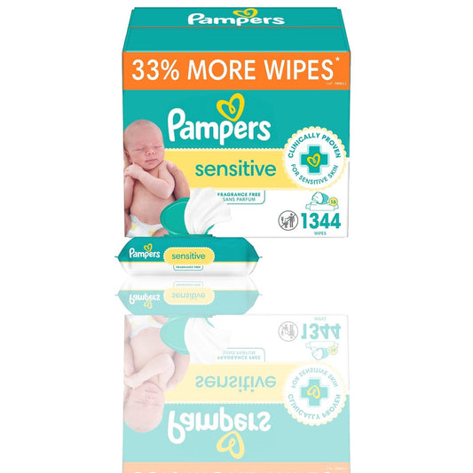 Pampers Sensitive Baby Wipes – Hypoallergenic, Water-Based, Unscented Wipes for Delicate Skin, 1344 Count (16 Flip-Top Packs) - Ballimart