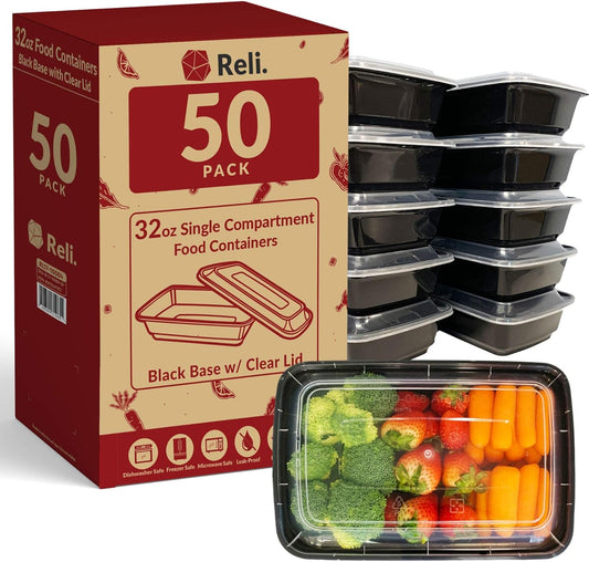 Reli. 32 oz Meal Prep Containers - 50 Pack | Microwave, Freezer & Dishwasher Safe | BPA-Free & Leak-Proof