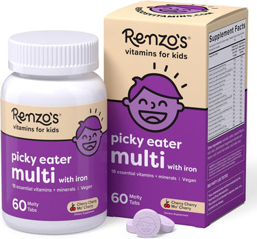 Renzo's Picky Eater Kids Multivitamin with Iron – 60 Sugar-Free Dissolving Melty Tabs, Oh-Oh-Oh Orange Flavor | Vitamins D3 & K2 for Kids' Health
