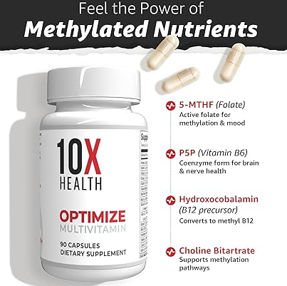 10X Health Optimize Methylated Multivitamin - 90 Capsules, 34 in 1 Formula with 800 mcg of Vitamin B12 - Methylated Multivitamin for Men & Women with 5-MTHF, NAC, Methyl B Complex - MTHFR Supplement