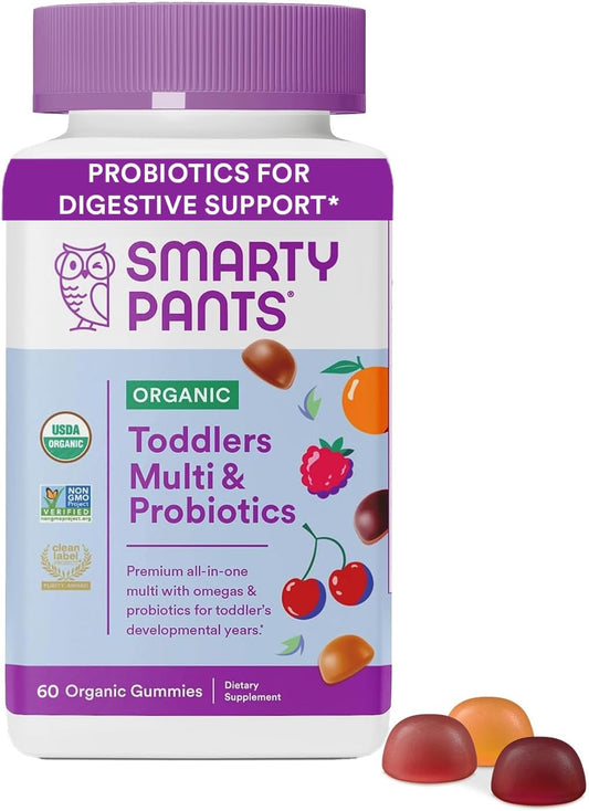 SmartyPants Organic Toddler Multivitamin Gummies | Probiotics, Omega-3 ALA, Vitamin D3, B12, B6, & Zinc | Gluten-Free, Kid-Approved Fruit Flavors | 60 Count (30-Day Supply)