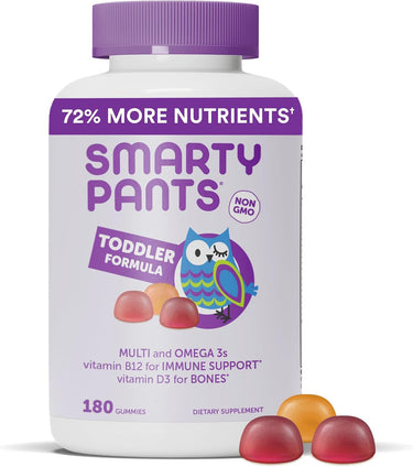 SmartyPants Toddler Multivitamin Gummies | Omega-3 Fish Oil (EPA/DHA), Vitamin D3, B12, B6, Zinc & More | Gluten-Free, 3 Fruit Flavors (180 Count, 60-Day Supply)