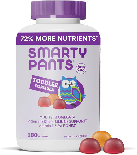 SmartyPants Toddler Multivitamin Gummies | Omega-3 Fish Oil (EPA/DHA), Vitamin D3, B12, B6, Zinc & More | Gluten-Free, 3 Fruit Flavors (180 Count, 60-Day Supply)