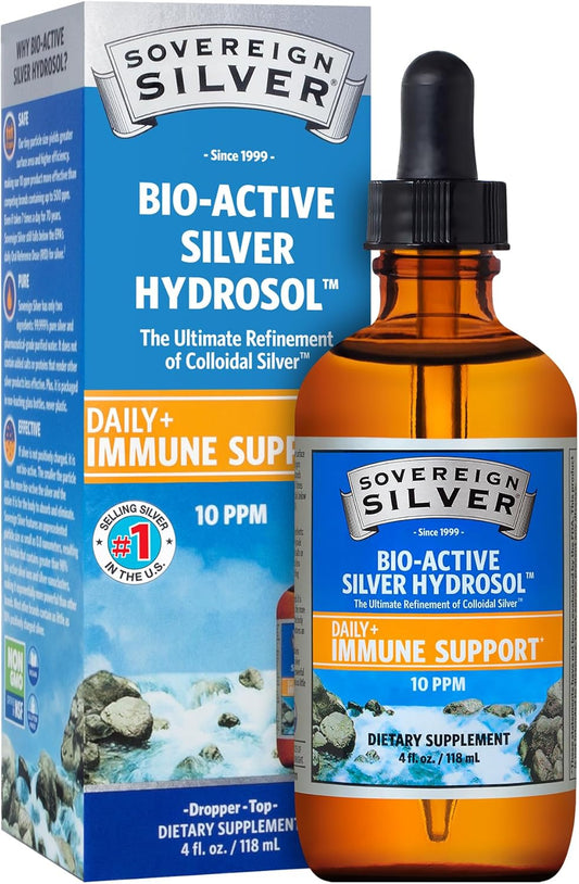 Sovereign Silver Bio-Active Silver Hydrosol – 10PPM, 4oz Dropper Premium Colloidal Silver Supplement for Immune Support