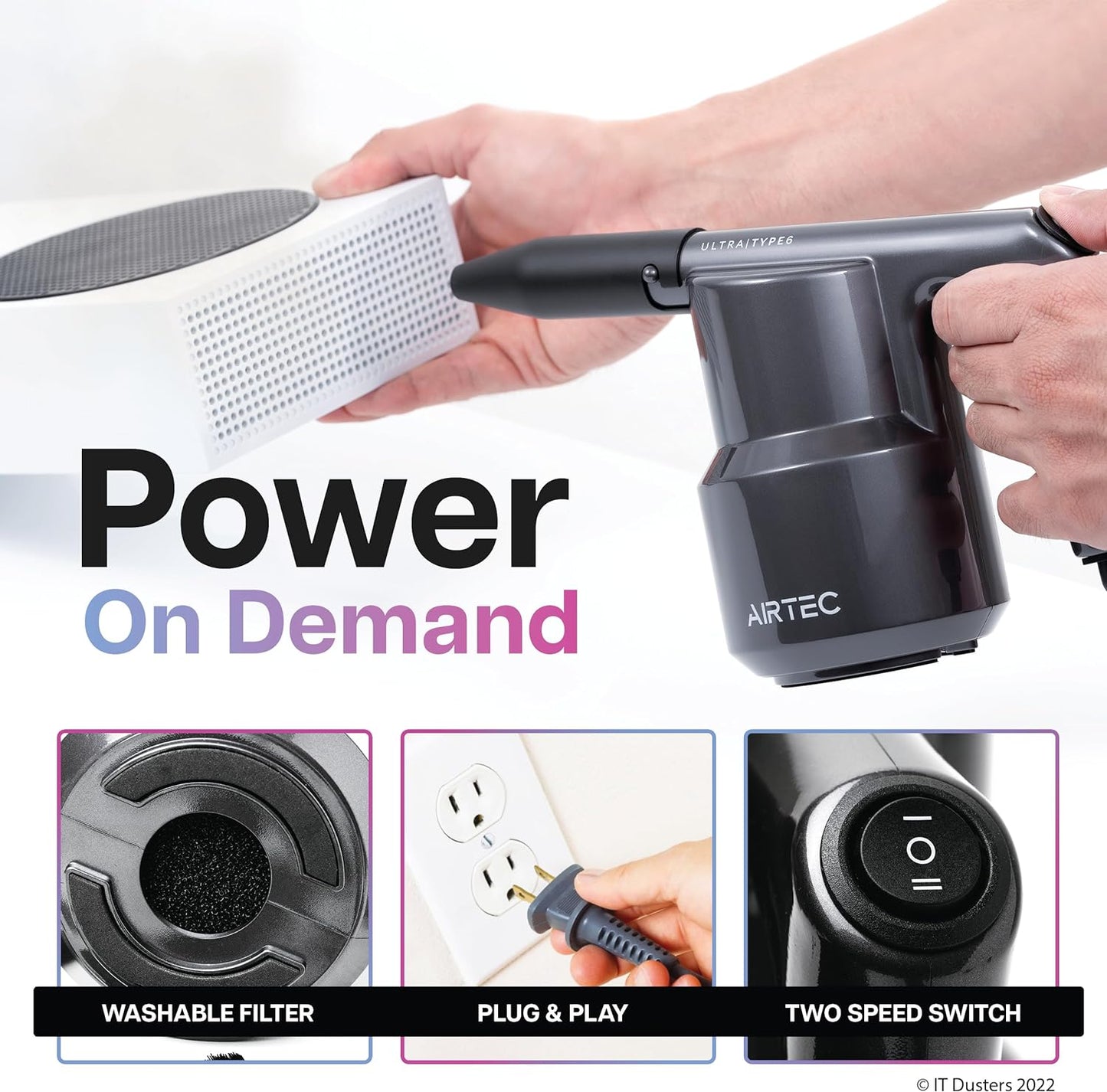IT Dusters AirTec Ultra Electric Air Duster Blower | Powerful 2-Stage Cleaning for PC, Laptop, Consoles & More | Sustainable Alternative to Canned Air | Includes Nozzle Attachments & Brushes