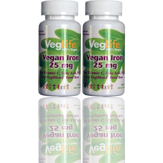 VegLife Vegan Iron Supplement | 25mg Iron Plus Vitamin C, Folic Acid & B-12 | Plant-Based Tablets for Women & Men | 2 Pack, 100 Tablets