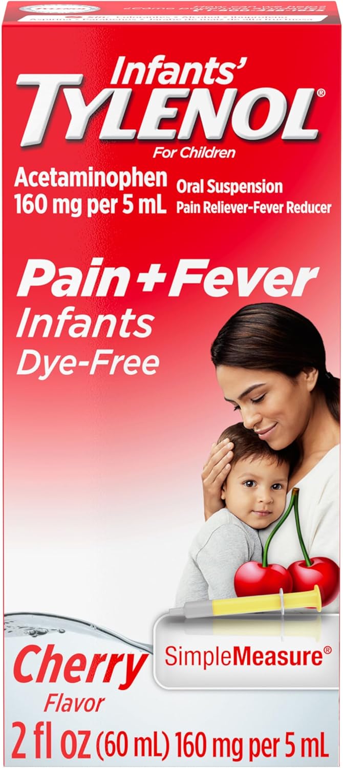Tylenol Infants Oral Suspension | 160 mg Acetaminophen for Pain & Fever Relief | Dye-Free Cherry Flavor | 2 FL OZ