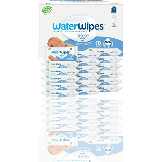 WaterWipes Plastic-Free Original Baby Wipes – 99.9% Water-Based, Unscented & Hypoallergenic for Sensitive Skin, 1080 Count (18 Packs)