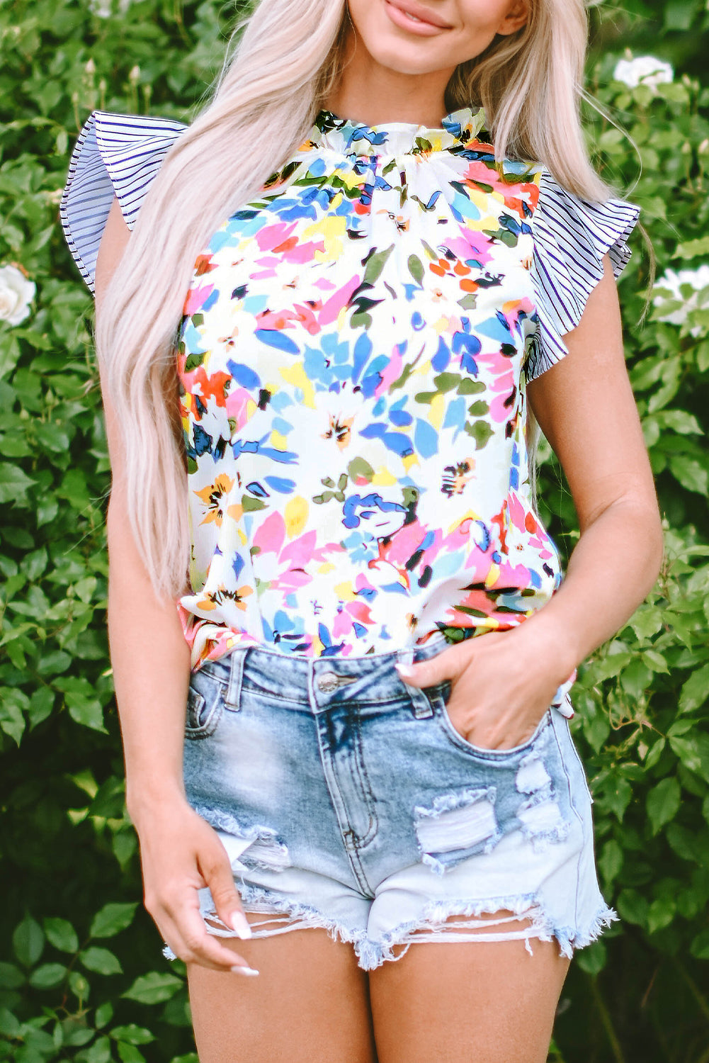 Light Blue Floral Print Striped Ruffled Sleeve Blouse - Ballimart