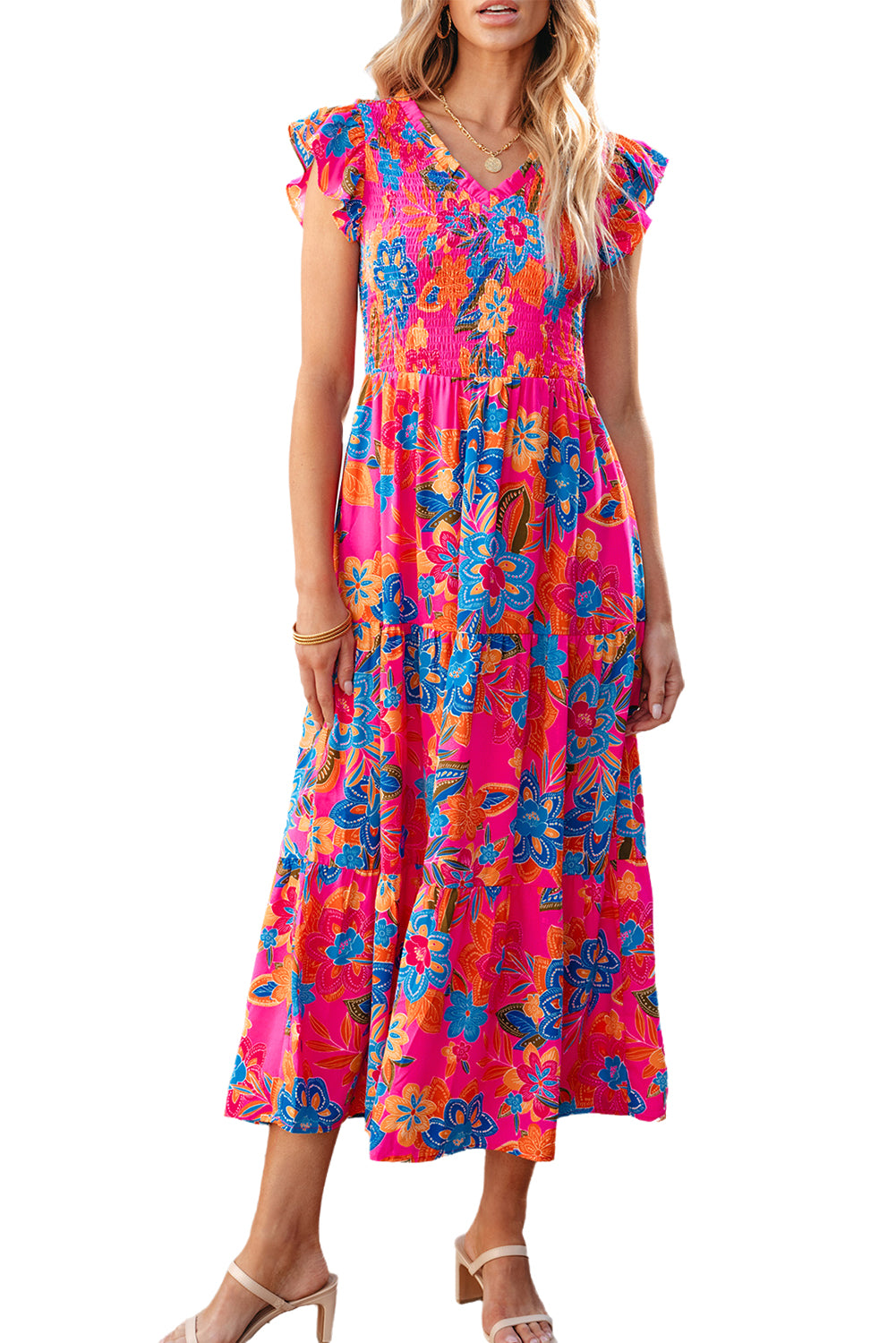 Rose Red Boho Floral V Neck Ruffle Tiered Long Dress - Ballimart