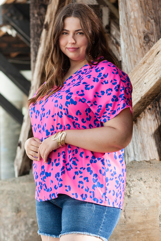 Rose Contrast Leopard Print Plus Size V Neck Blouse - Ballimart