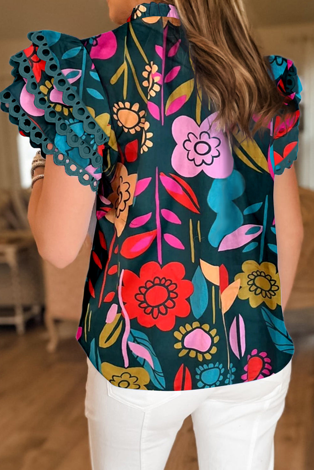 Green Trimmed Ruffle Sleeve Summer Floral Blouse - Ballimart