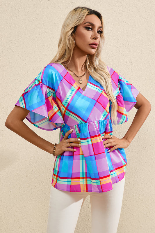 Sky Blue Colorful Plaid V Neck Ruffled Short Sleeve Babydoll Top - Ballimart