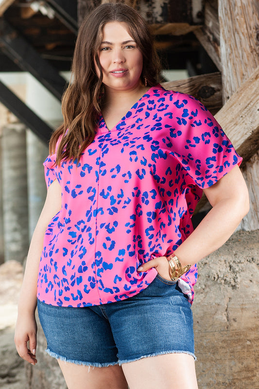 Rose Contrast Leopard Print Plus Size V Neck Blouse - Ballimart