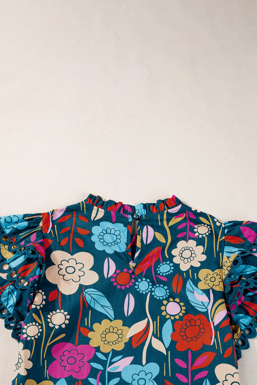 Green Trimmed Ruffle Sleeve Summer Floral Blouse - Ballimart