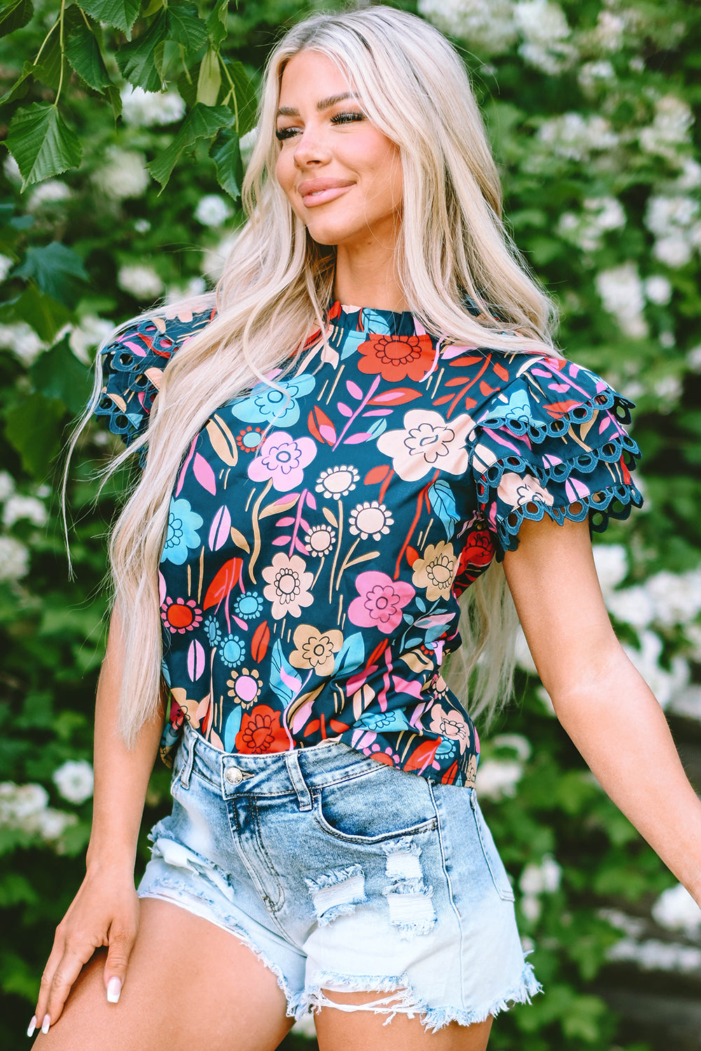 Green Trimmed Ruffle Sleeve Summer Floral Blouse - Ballimart