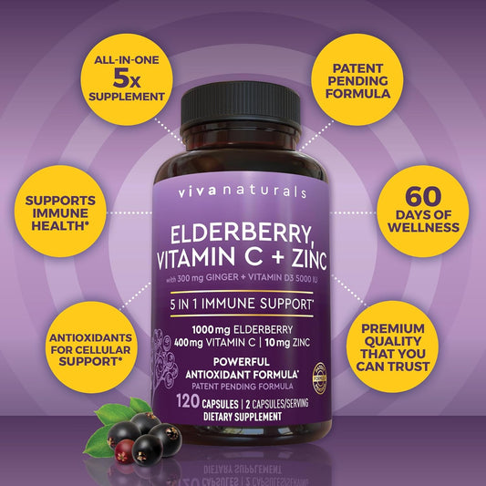 Viva Naturals Elderberry Capsules – 5-in-1 Immune Support with Vitamin C, Zinc & D3 – 1000mg Sambucus Black Elderberry – 120 Capsules