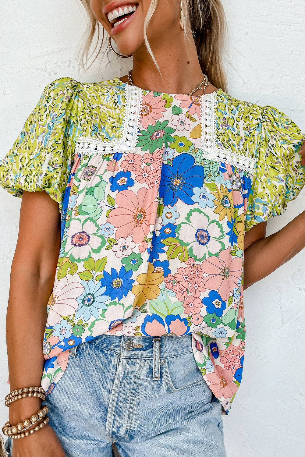 Green Bubble Sleeve Lace Trim Floral Mixed Print Blouse - Ballimart