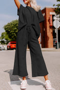 Black Textured Loose Fit T Shirt and Drawstring Pants Set - Ballimart