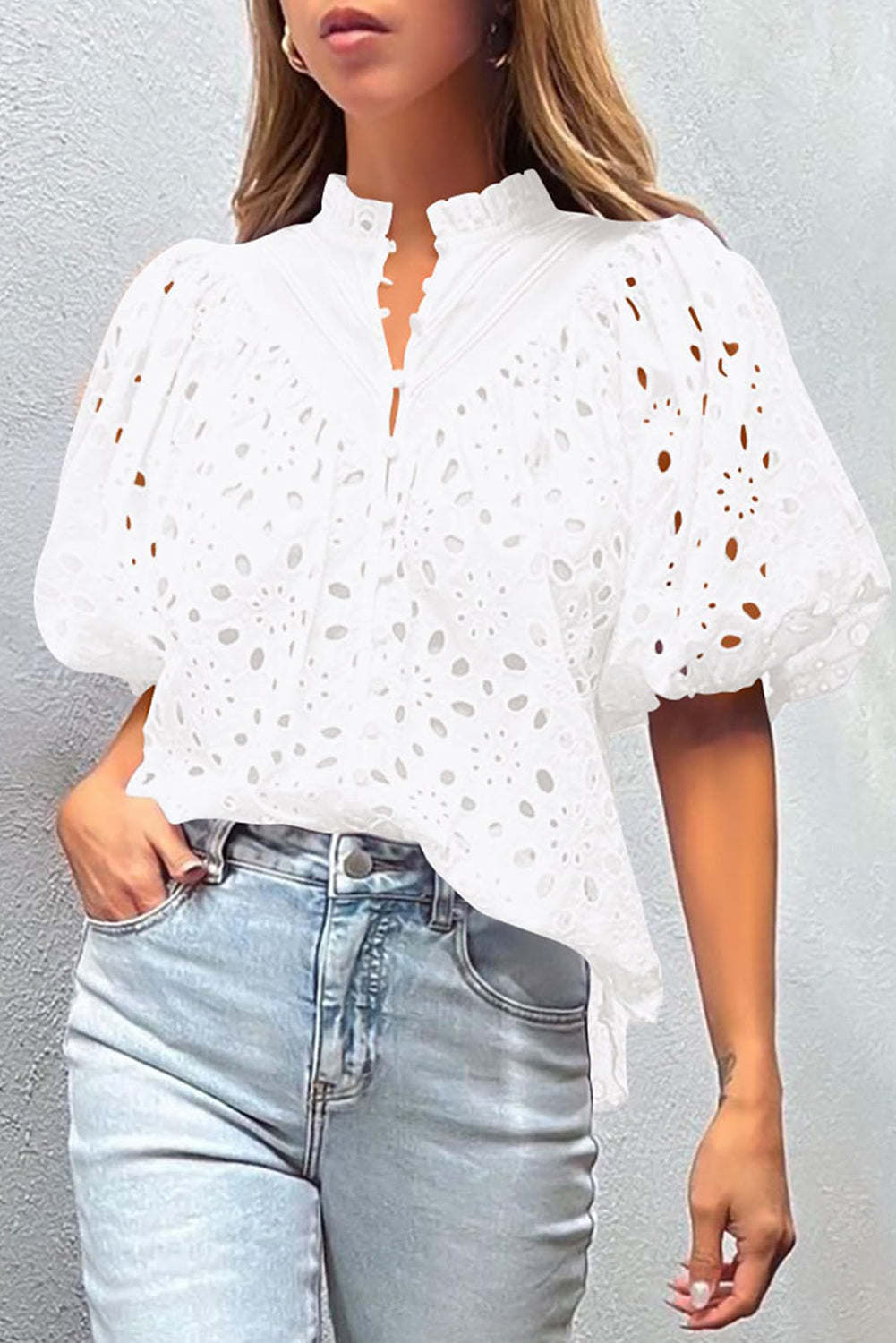 White Flower Embroidered Hollow-out Puff Sleeve Blouse - Ballimart
