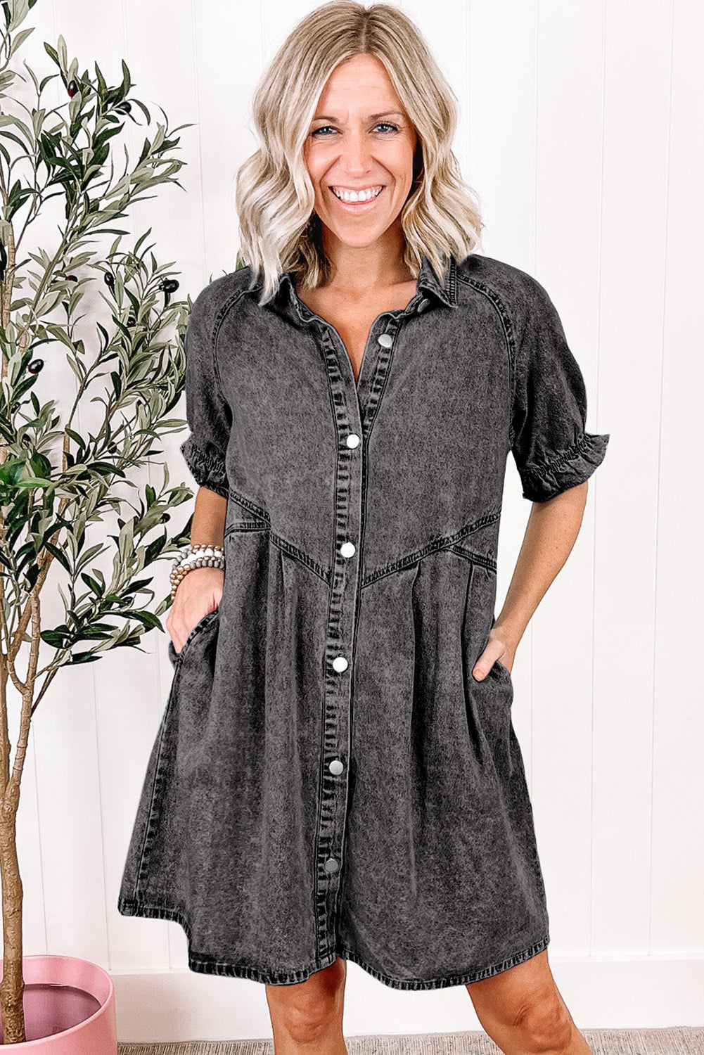 Medium Grey Mineral Wash Ruffled Short Sleeve Buttoned Denim Dress - Ballimart