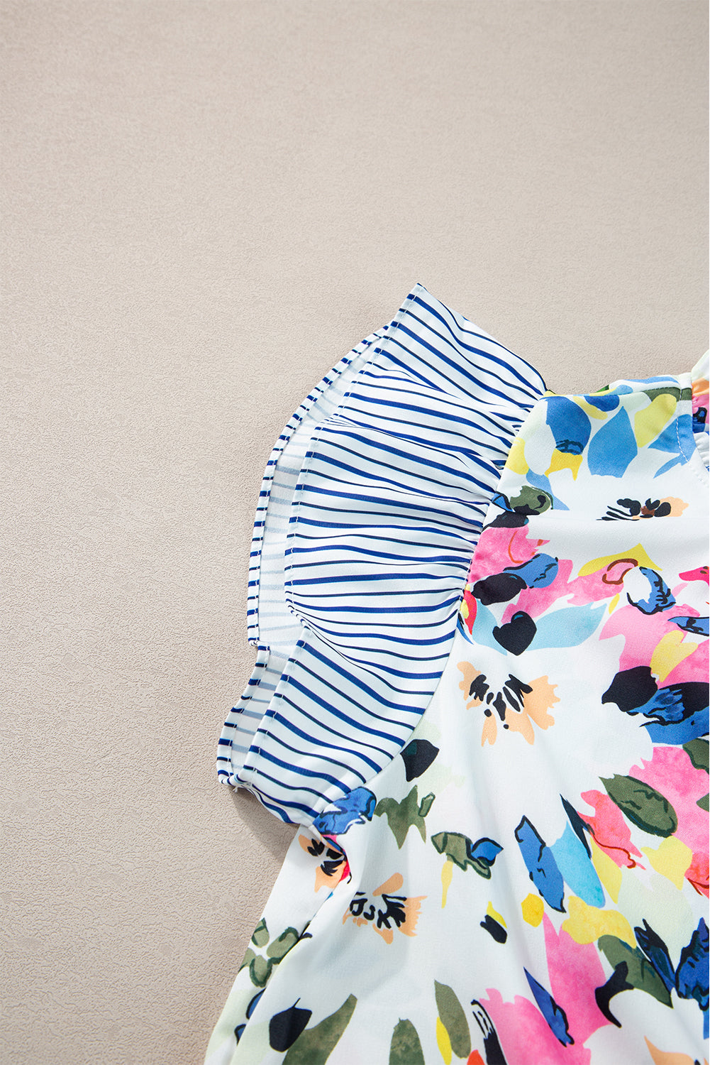 Light Blue Floral Print Striped Ruffled Sleeve Blouse - Ballimart