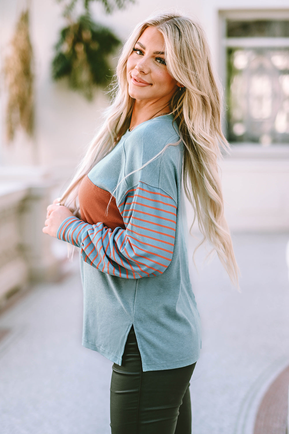 Green Colorblock Striped Bishop Sleeve Top - Ballimart