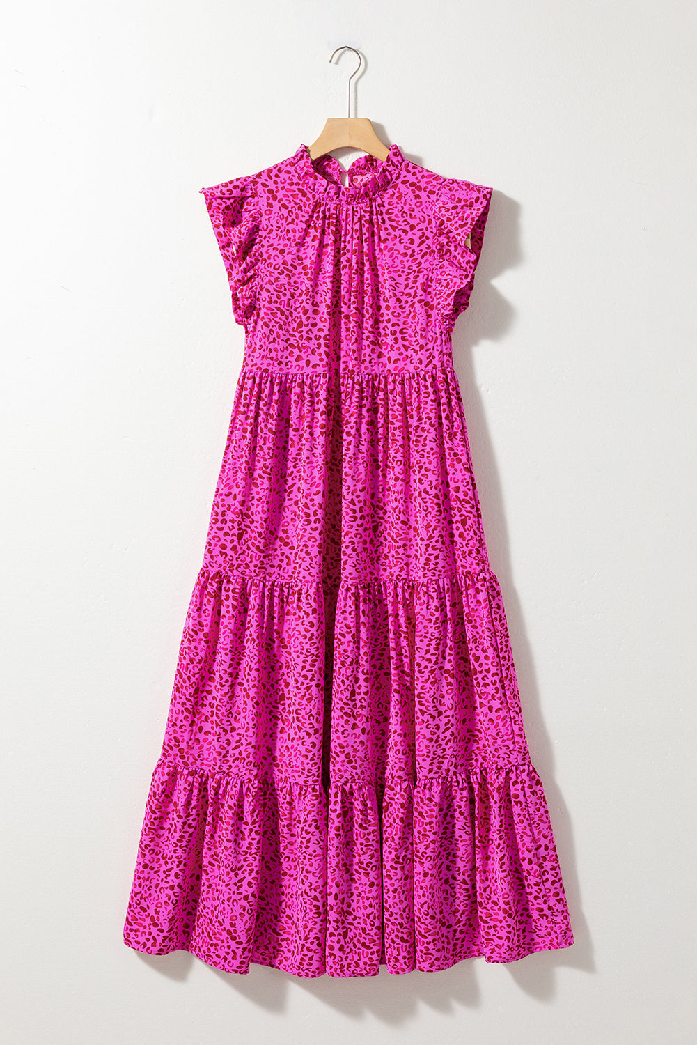 Rose Red Leopard Print Ruffled Trim Tiered Maxi Dress - Ballimart