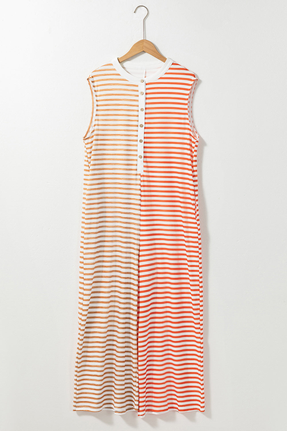 Orange Stripe Oversized Buttoned Front Sleeveless Wide Leg Jumpsuit - Ballimart