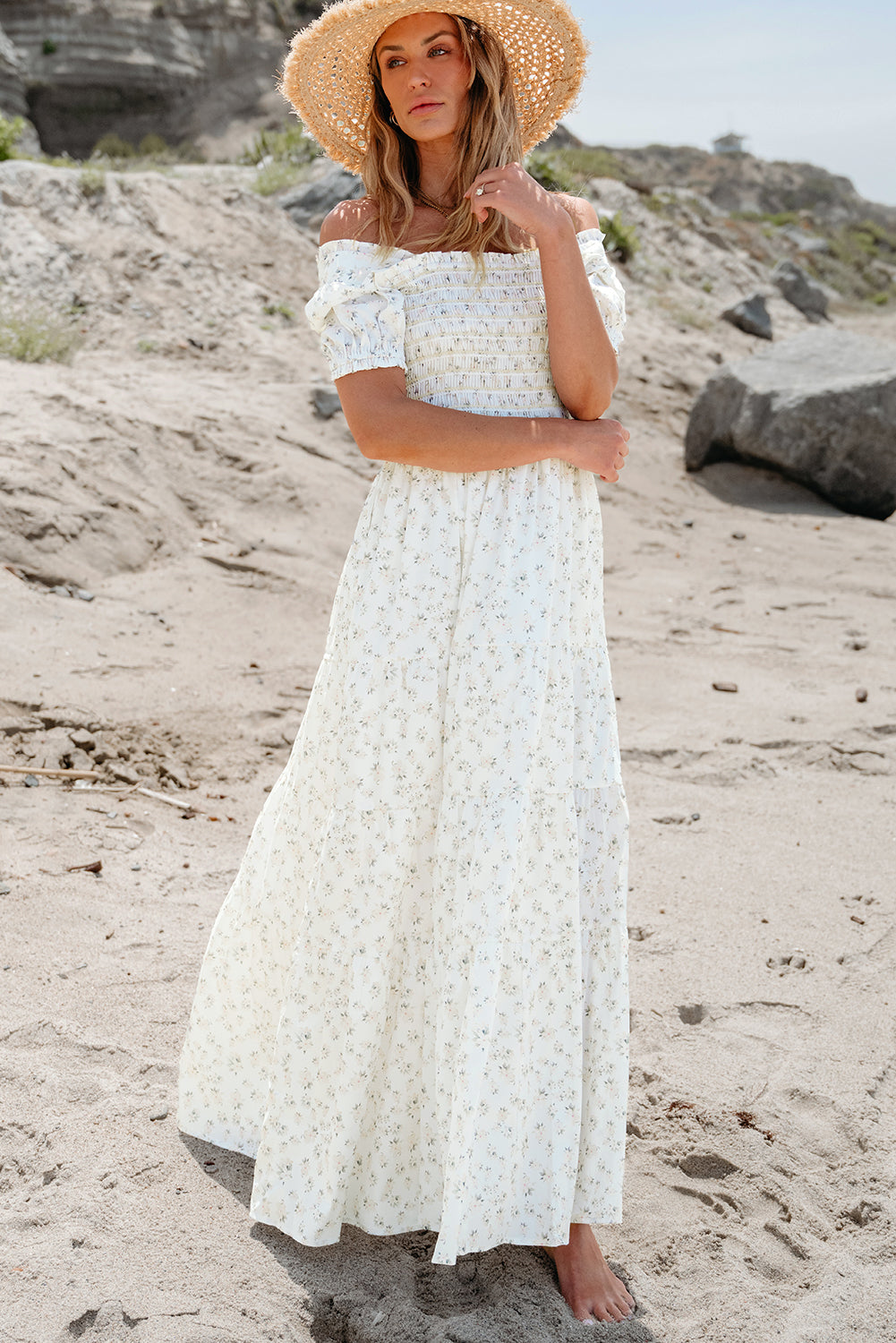 White Frilly Shirred Bodice Tiered Floral Maxi Dress - Ballimart