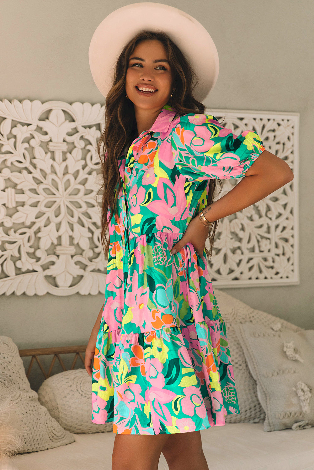 Green Floral Puff Sleeve Collar Buttoned Babydoll Dress - Ballimart