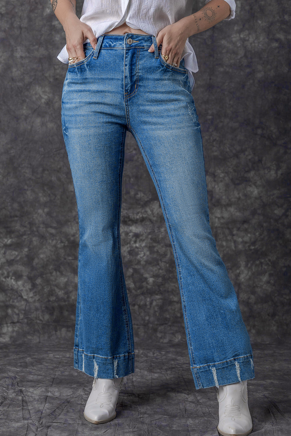 Sky Blue Slight Distressed Medium Wash Flare Jeans - Ballimart